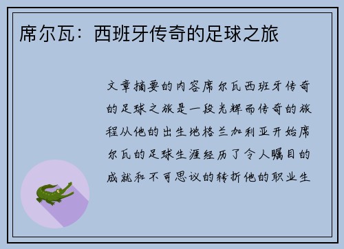 席尔瓦：西班牙传奇的足球之旅