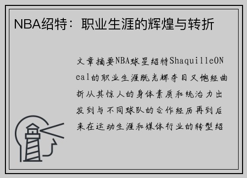 NBA绍特：职业生涯的辉煌与转折